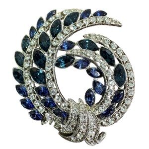 Avon 120th Anniversary Brooch Blue Rhinestone Swirl Silver Tone Marquise Blingy